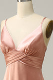 A Line Spaghetti Straps Bright Satin Blush Long Bridesmaid Dress with Slit