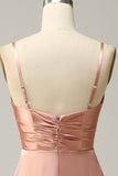 A Line Spaghetti Straps Bright Satin Blush Long Bridesmaid Dress with Slit