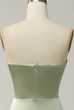 Green A Line Convertible Strapless Satin Floor-Length Dress with Slit