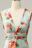 Green Sheath Deep V Neck Spaghetti Straps Bright Satin Bridesmaid Dress