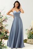 Grey Blue A Line Spaghetti Straps Bright Satin Bridesmaid Dress with Ruffles