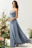 Grey Blue A Line Spaghetti Straps Bright Satin Bridesmaid Dress with Ruffles