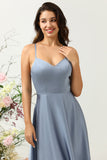 Grey Blue A Line Spaghetti Straps Bright Satin Bridesmaid Dress with Ruffles