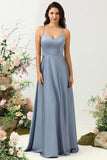 Grey Blue A Line Spaghetti Straps Bright Satin Bridesmaid Dress with Ruffles
