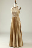 Golden A Line Halter Pleated Long Bridesmaid Dress with Open Back