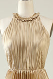 Golden A Line Halter Pleated Long Bridesmaid Dress with Open Back