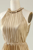 Golden A Line Halter Pleated Long Bridesmaid Dress with Open Back
