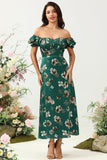 Dark Green A Line Off The Shoulder Floral Print Satin Boho Wedding Party Dress