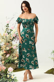 Dark Green A Line Off The Shoulder Floral Print Satin Boho Wedding Party Dress