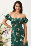 Dark Green A Line Off The Shoulder Floral Print Satin Boho Wedding Party Dress
