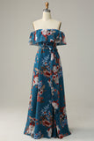 Light Blue A Line Off The Shoulder Print Chiffon Floor Length Bridesmaid Dress