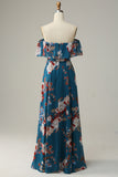 Dark Blue A-Line Off The Shoulder Floor Length Print Chiffon Bridesmaid Dress