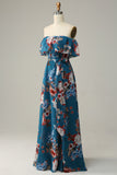 Dark Blue A-Line Off The Shoulder Floor Length Print Chiffon Bridesmaid Dress