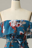 Dark Blue A-Line Off The Shoulder Floor Length Print Chiffon Bridesmaid Dress