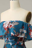 Dark Blue A-Line Off The Shoulder Floor Length Print Chiffon Bridesmaid Dress