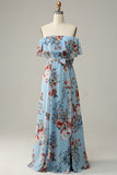 Dark Blue A-Line Off The Shoulder Floor Length Print Chiffon Bridesmaid Dress