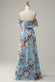 Dark Blue A-Line Off The Shoulder Floor Length Print Chiffon Bridesmaid Dress