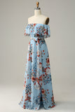 Dark Blue A-Line Off The Shoulder Floor Length Print Chiffon Bridesmaid Dress