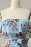 Dark Blue A-Line Off The Shoulder Floor Length Print Chiffon Bridesmaid Dress