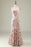 Blush Mermaid Square Neck Floral Print Bright Satin Boho Bridesmaid Dress