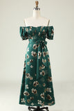 Dark Green A Line Off The Shoulder Floral Print Satin Boho Wedding Party Dress