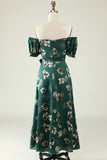 Dark Green A Line Off The Shoulder Floral Print Satin Boho Wedding Party Dress