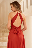 A Line Halter Floor Length Chiffon Bridesmaid Dress with Open Back