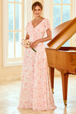 Blush A Line V Neck Floor Length Flower Print Bridesmaid Dress
