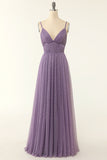 Grey Pink A Line Spaghetti Straps Long Bridesmaid Dress with Ruffles
