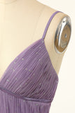 Grey Pink A Line Spaghetti Straps Long Bridesmaid Dress with Ruffles