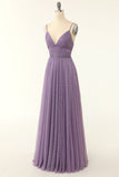 Grey Pink A Line Spaghetti Straps Long Bridesmaid Dress with Ruffles