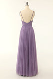 Grey Pink A Line Spaghetti Straps Long Bridesmaid Dress with Ruffles