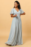Dusty Blue A Line V Neck Short Sleeves Long Chiffon Bridesmaid Dress