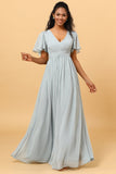 Dusty Blue A Line V Neck Short Sleeves Long Chiffon Bridesmaid Dress