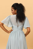 Dusty Blue A Line V Neck Short Sleeves Long Chiffon Bridesmaid Dress