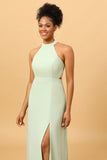 Dusty Sage Long Chiffon Bridesmaid Dress with Slit