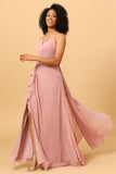 Blush A Line V Neck Chiffon Ruffled Long Bridesmaid Dress with Slit