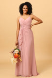Blush A Line V Neck Chiffon Ruffled Long Bridesmaid Dress with Slit