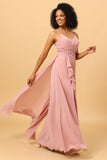 Blush A Line V Neck Chiffon Ruffled Long Bridesmaid Dress with Slit