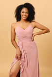 Blush A Line V Neck Chiffon Ruffled Long Bridesmaid Dress with Slit